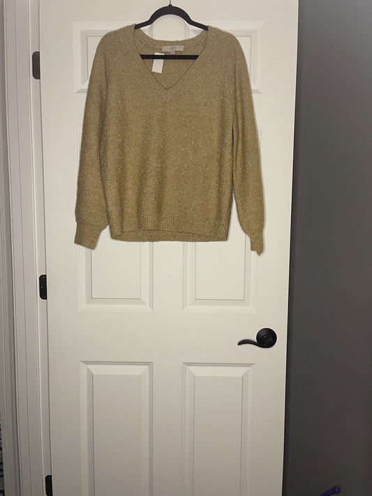Loft V Neck Sweater Large Tan With Gold Stitching New With Tags Msrp 49.99