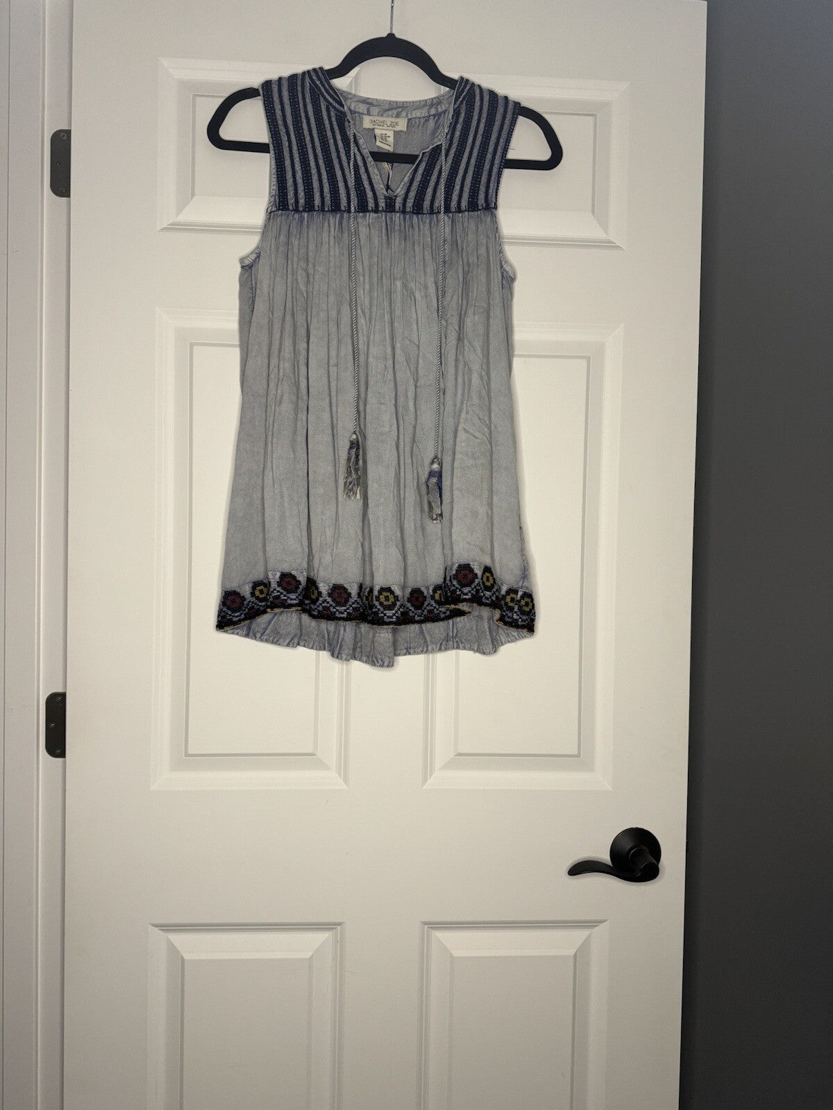 Rachel & Zoe Sleeveless Blouse XS Blue Jean Blue Red Mustard Stitching Nwt 