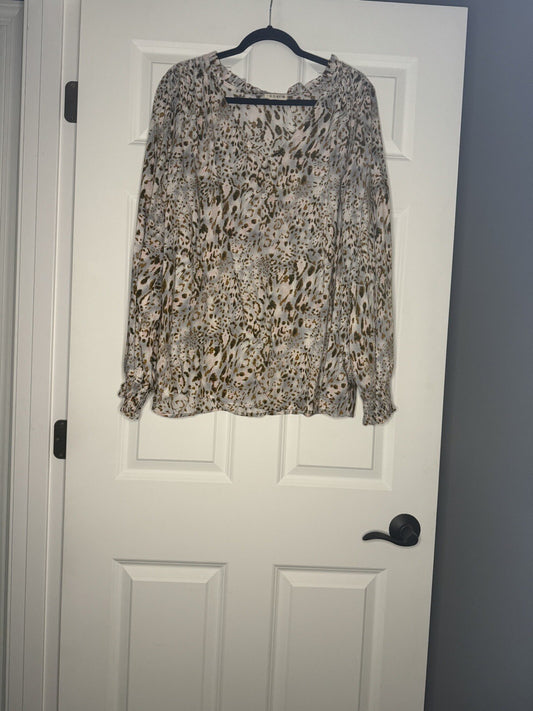 Kori Long Sleeve Blouse 2x Blueish Gray Brown Black Pink Print 