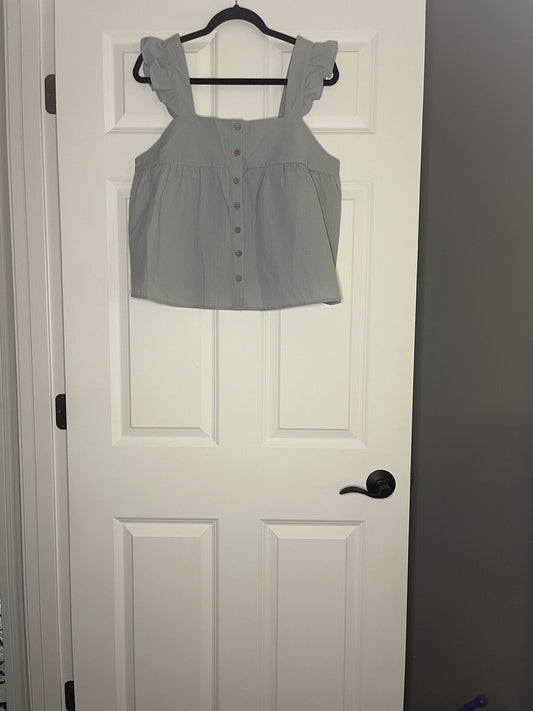 New In Sleeveless Ruffle Blouse Large Blue Button Up New With Tags 