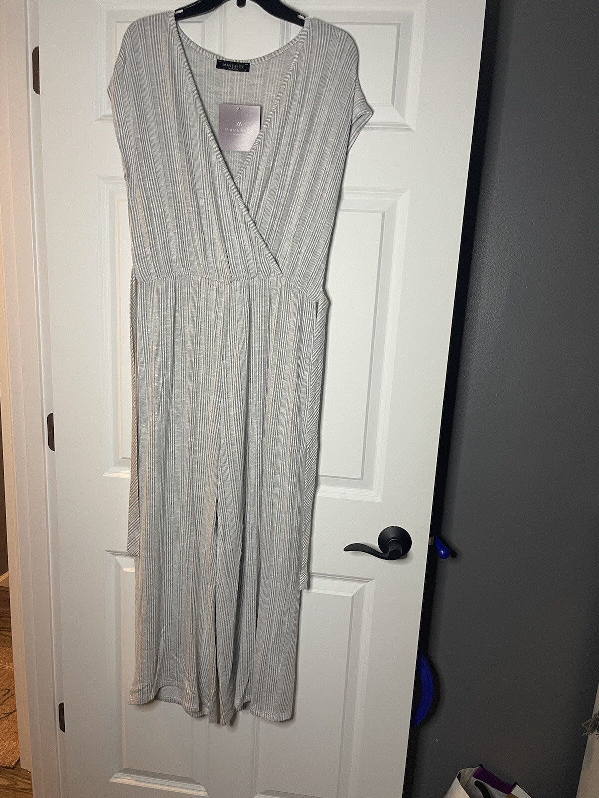 Maverick the collection short sleeve jumpsuit large gray white stripe nwt