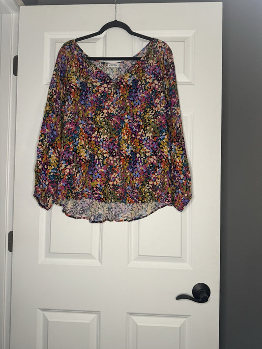Emily Wonder Long Sleeve Blouse 2x Green Pink Red Blue Mustard Multi Print 