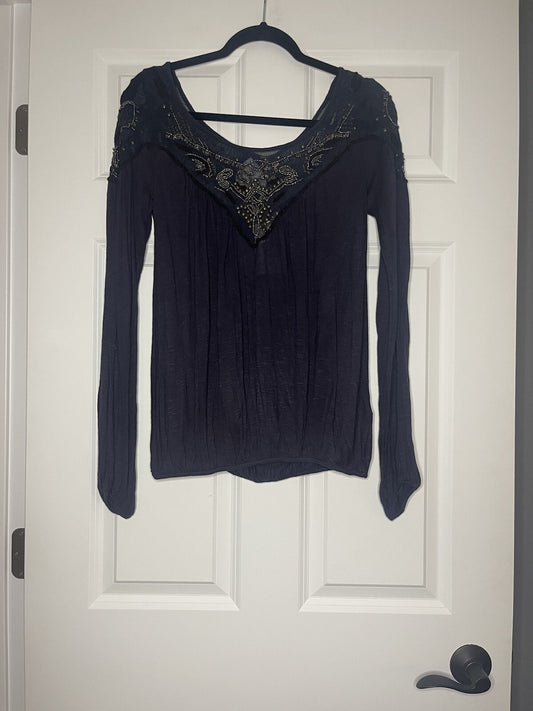 Free People long sleeve navy blouse with lace and beading NWT $98