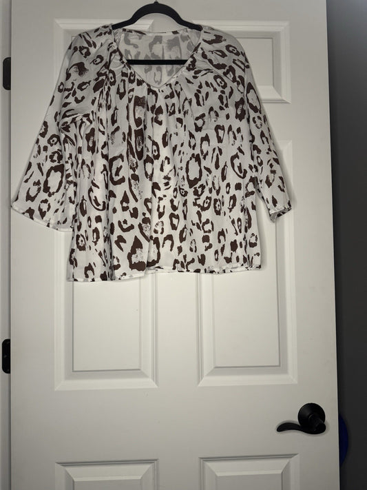 Liam And Co 3/4 Sleeve Blouse White W Brown Animal Print Small Nwt 