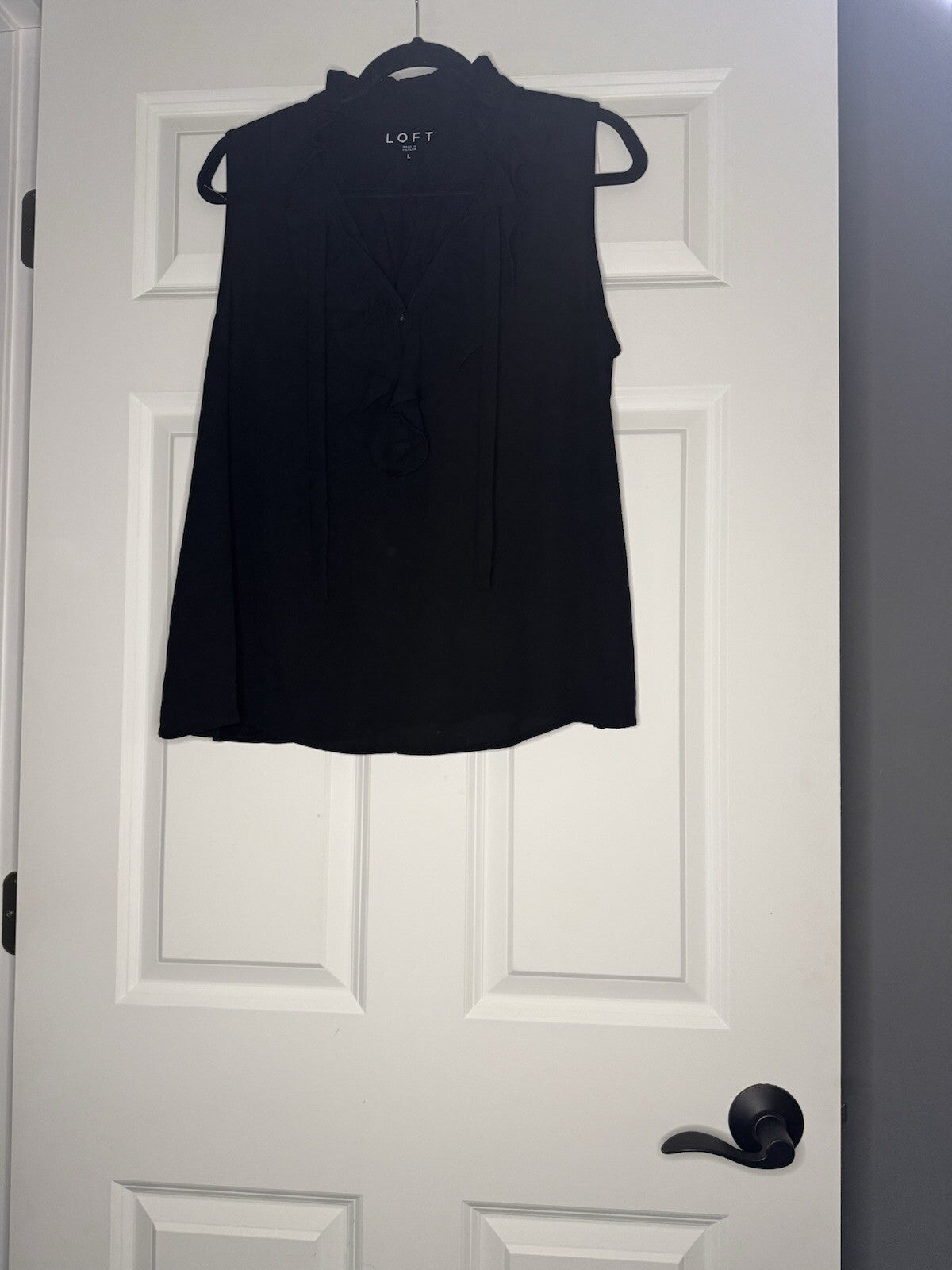 Loft Sleeveless Blouse Large Black Ruffle Collar Nwt 
