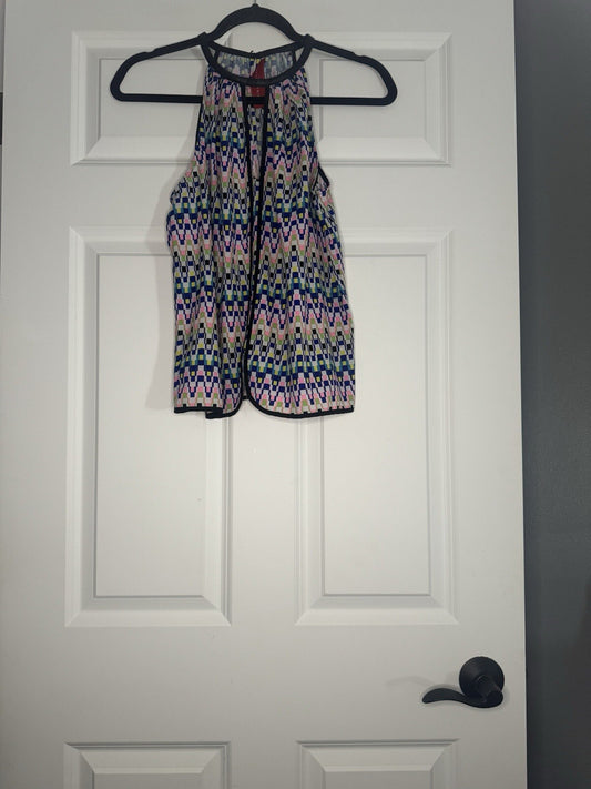 Akira Chicago Sleeveless Blouse Small White W Pink Green Blue Yellow Black Trim 