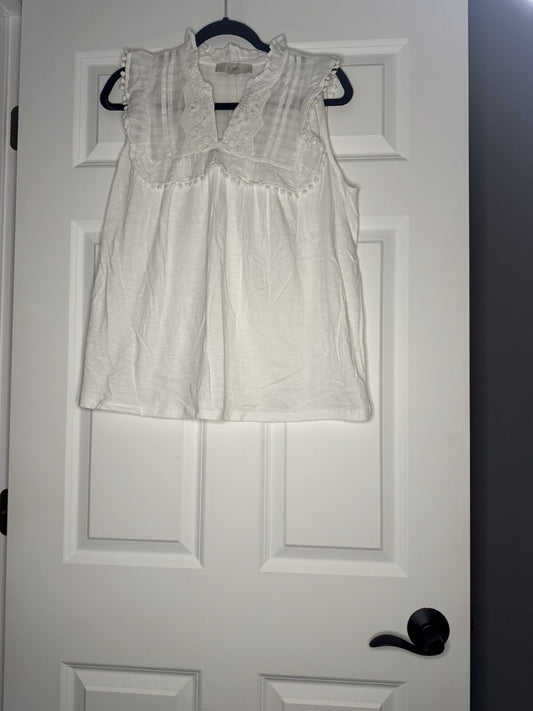 Loft Sleeveless Blouse W Lace And Pom Decor Around Bib Area White Large Nwt
