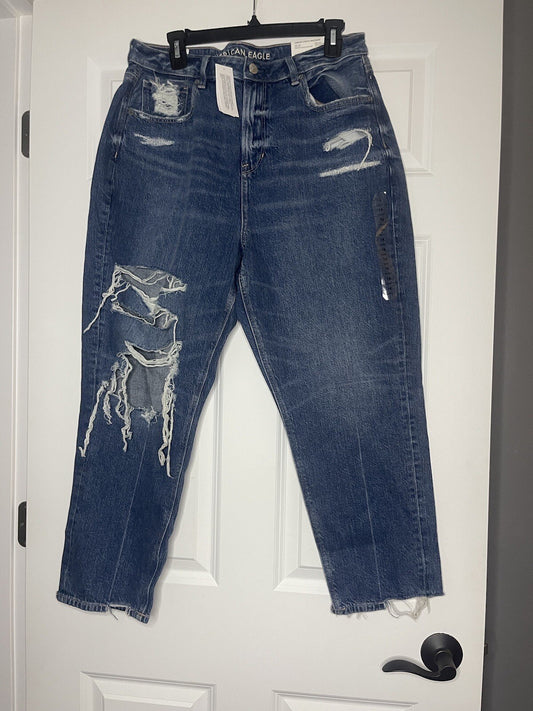American Eagle Comfort Stretch Waistband Mom Jeans 14 Short Distressed Nwt