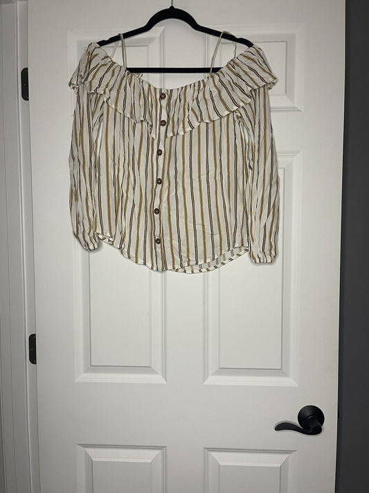 Maurice’s 3/4 Sleeve Blouse White Mustard Black Stripe Small Nwt 