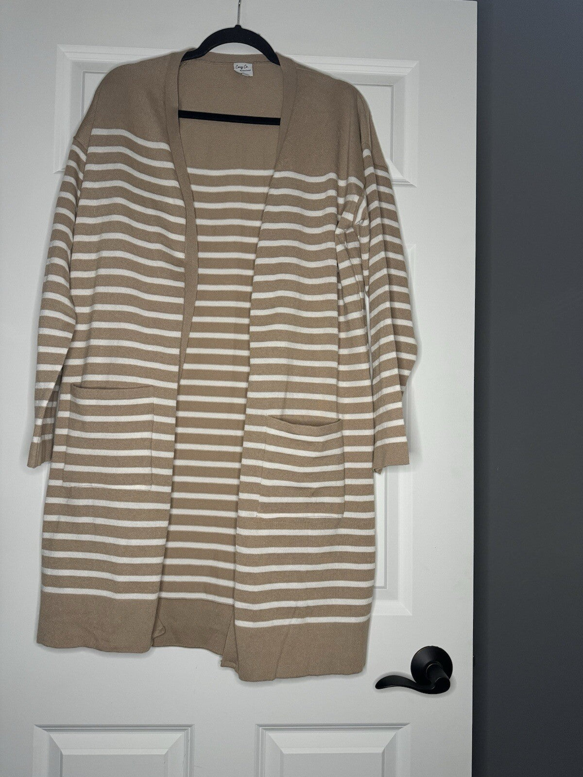 Cozy Co Cardigan 1x Tan Cream Stripe W Pockets 