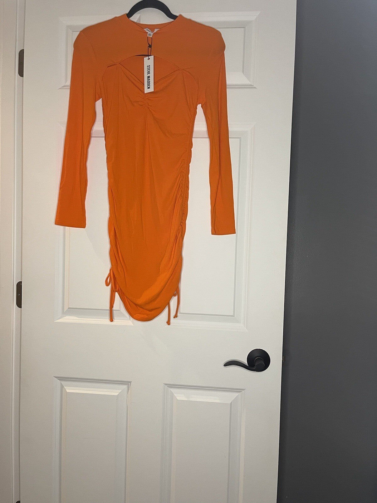 Steve Madden Long Sleeve Dress Ribbed Orange Small Cinch Sides Nwt