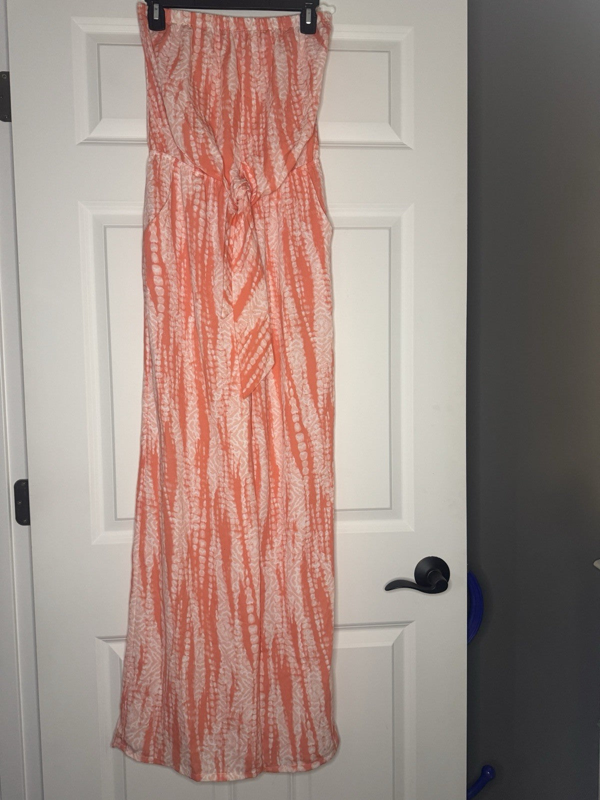 Pink Lily Strapless Jumpsuit Tie In Front Small Peach White Print 