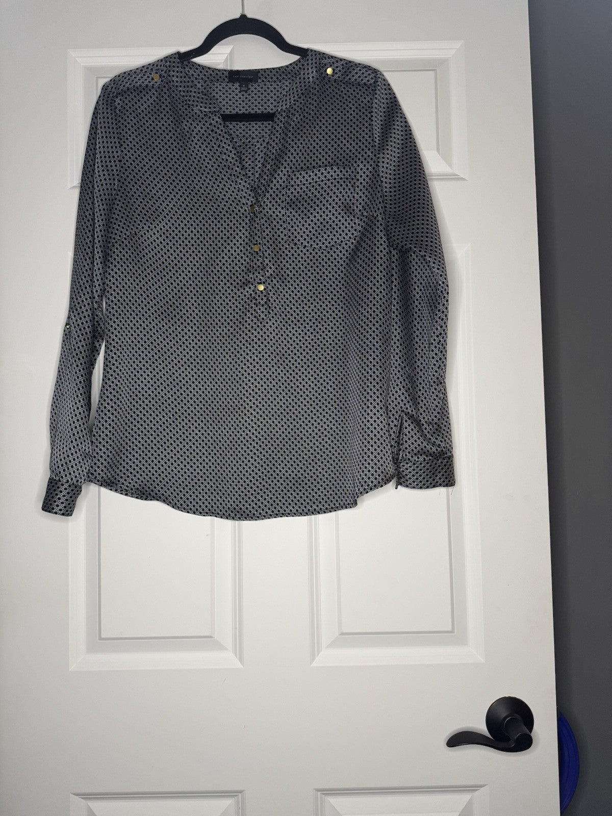 The Limited Long Sleeve Blouse Black White Print Medium 