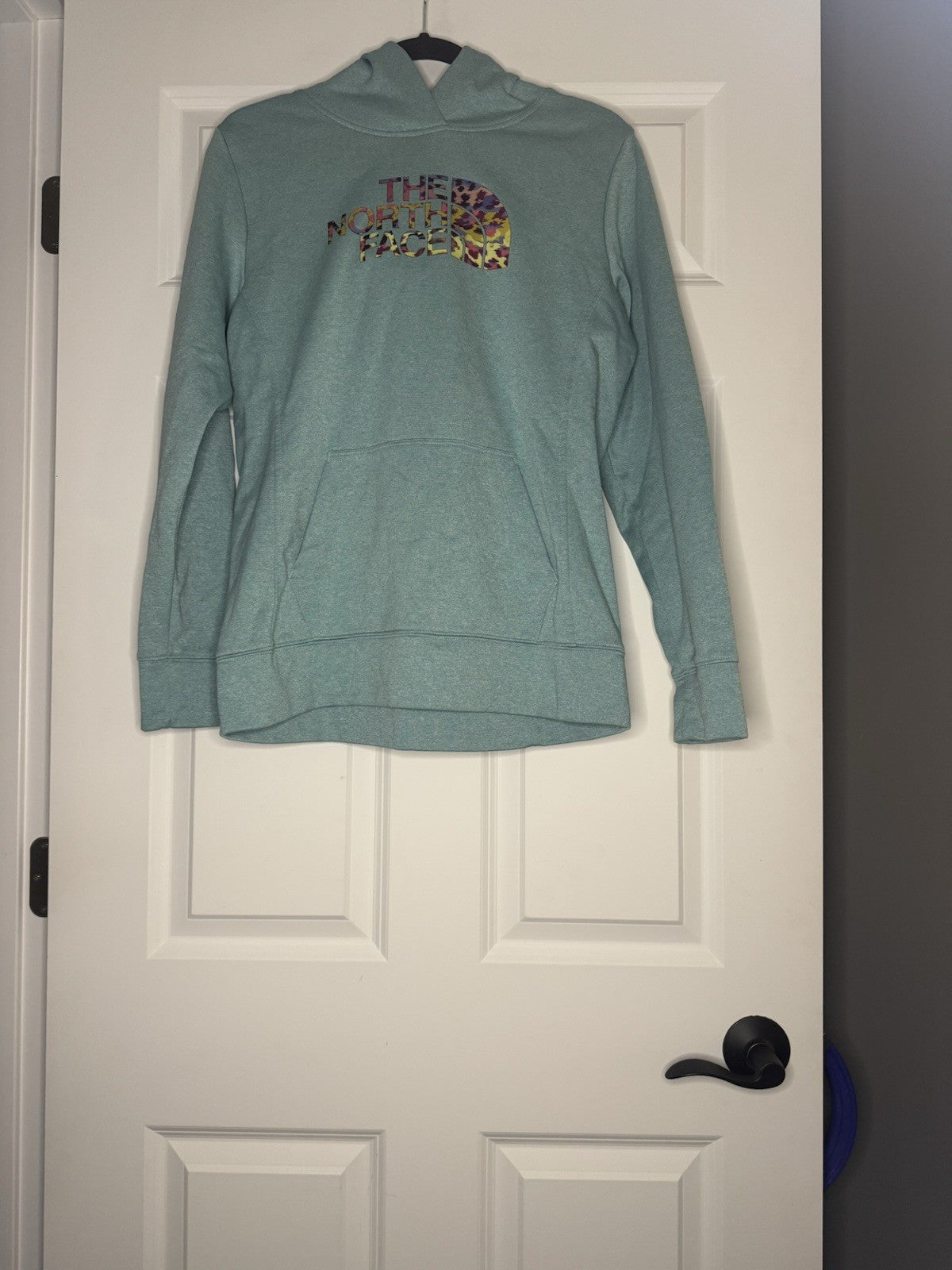 The North Face Hooded Sweatshirt Light Blue Heathered Multicolor Logo Large