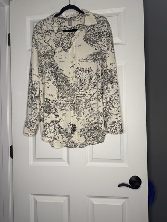 HM  Button Up Blouse Medium Cream With Black Print 