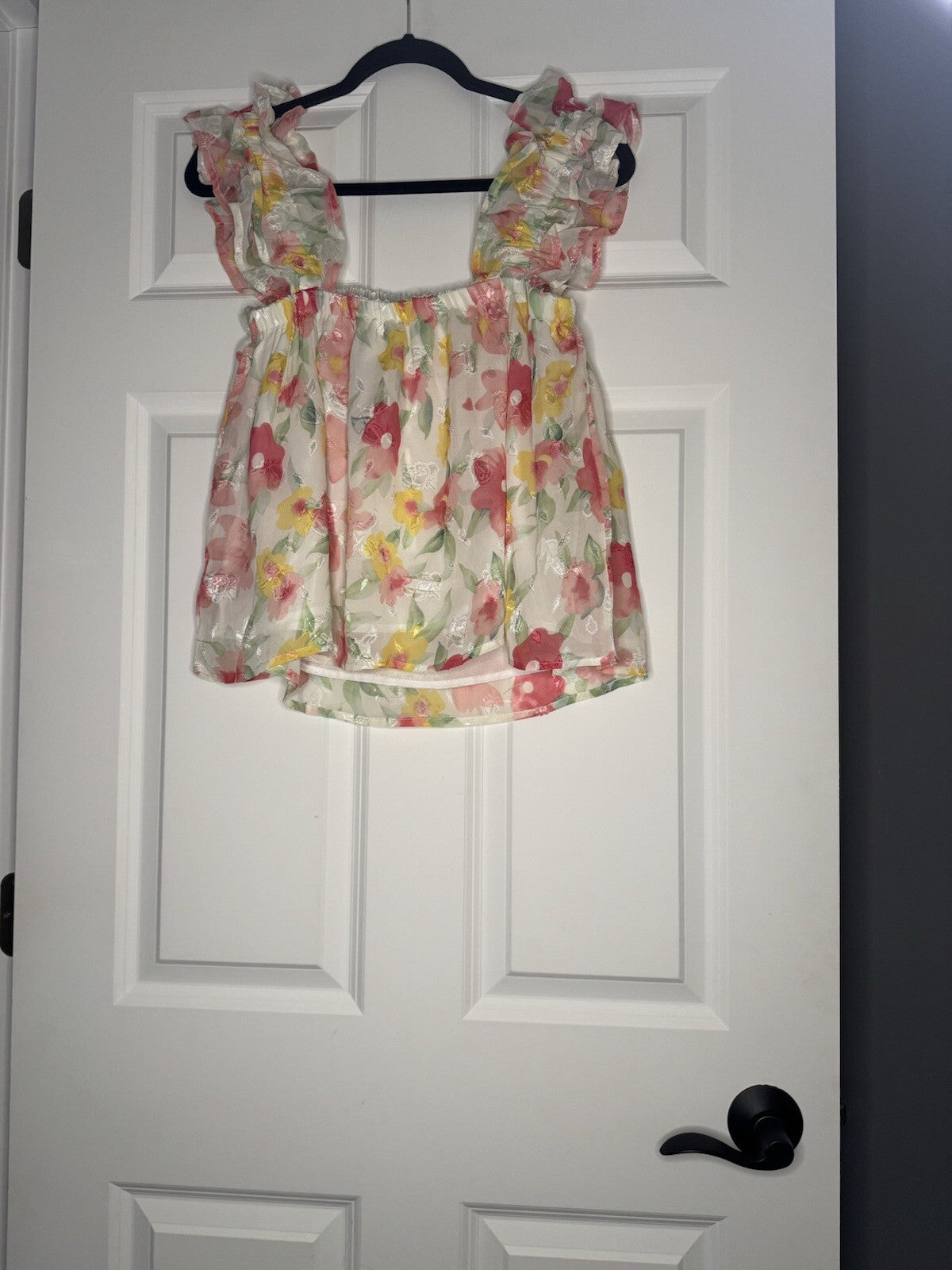 & Merci Sleeveless Blouse LargeRuffle Sleeve White Green Yellow Pink Floral Nwt