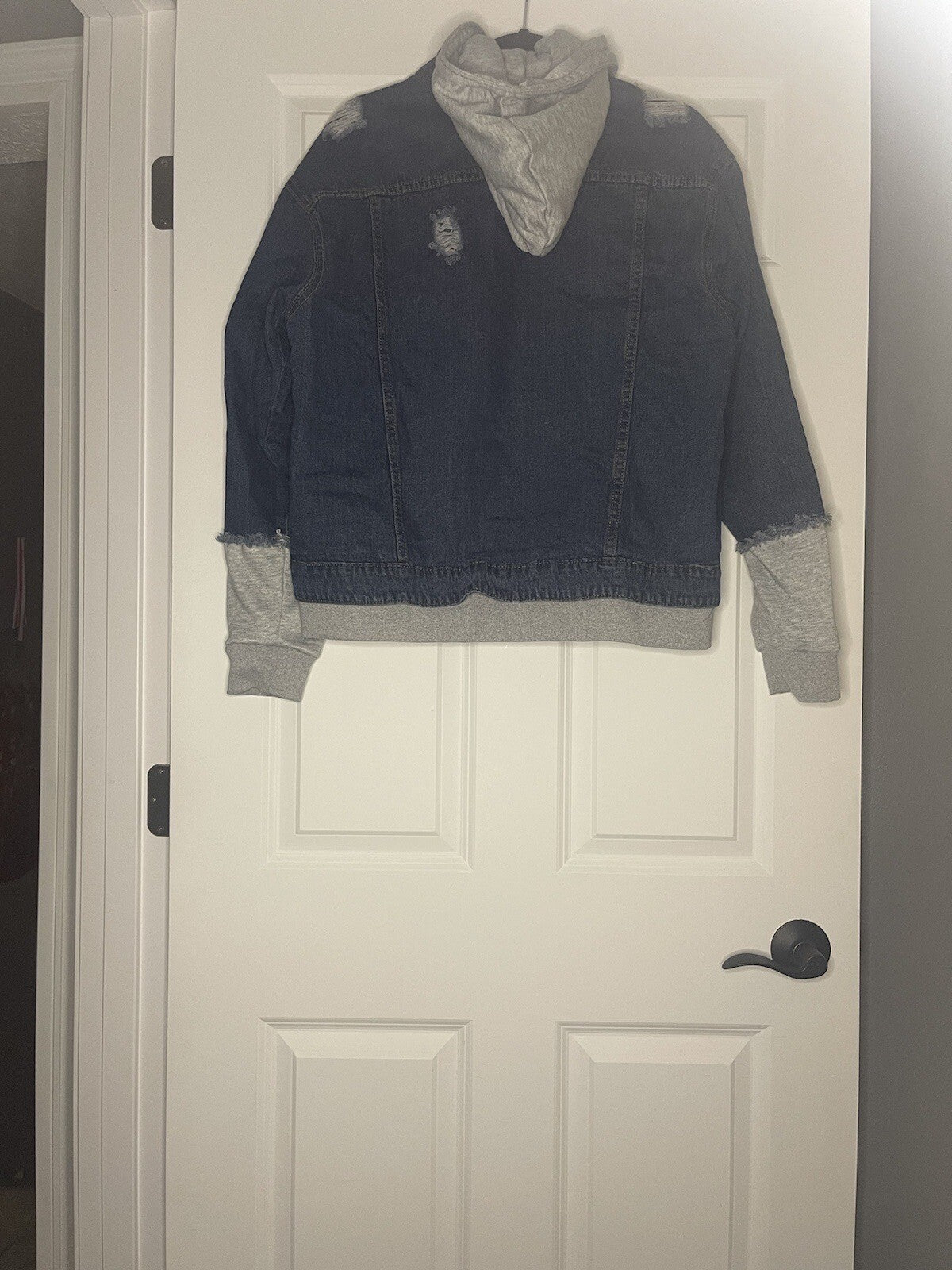 American Bazi Jean Jacket Sweater Hood Distressed Medium Blue Gray 