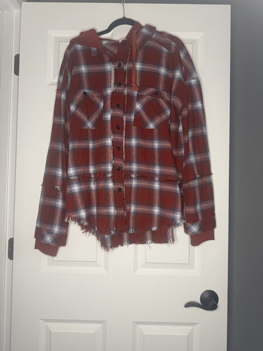 Hailey And Co Large Button Up Top Attached Hood Red Blue White Distressed 