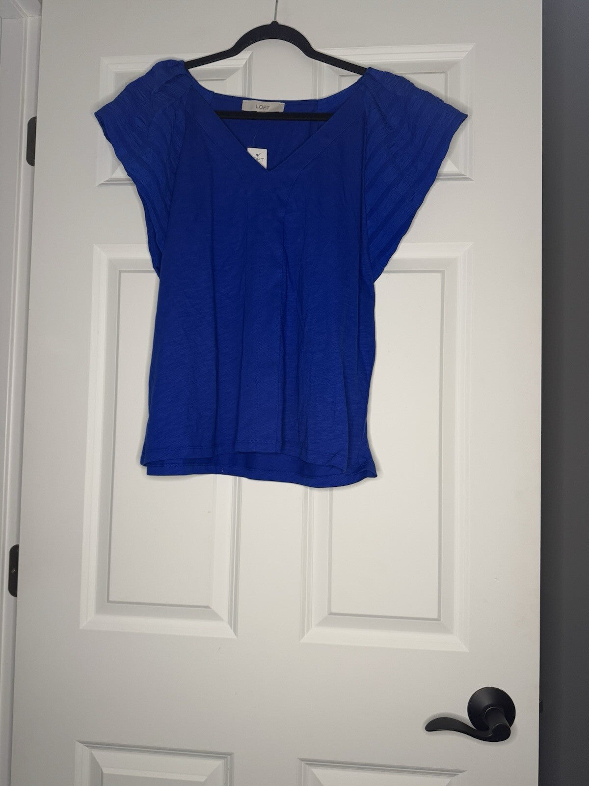 Loft Short Sleeve Blouse Large Blue With Striped Sleeves Nwt 44.99