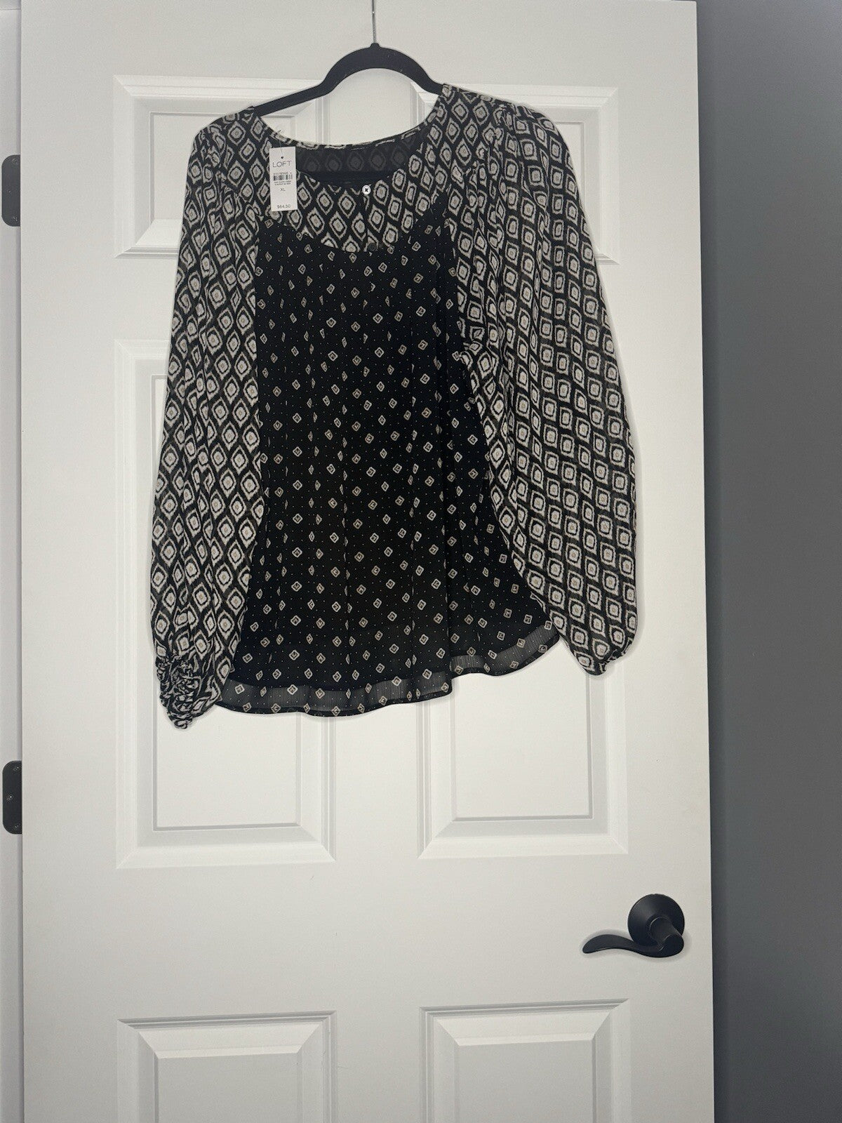 Loft Long Sleeve Blouse Navy Taupe Cream Print Sheer Sleeves Nwt 64.50