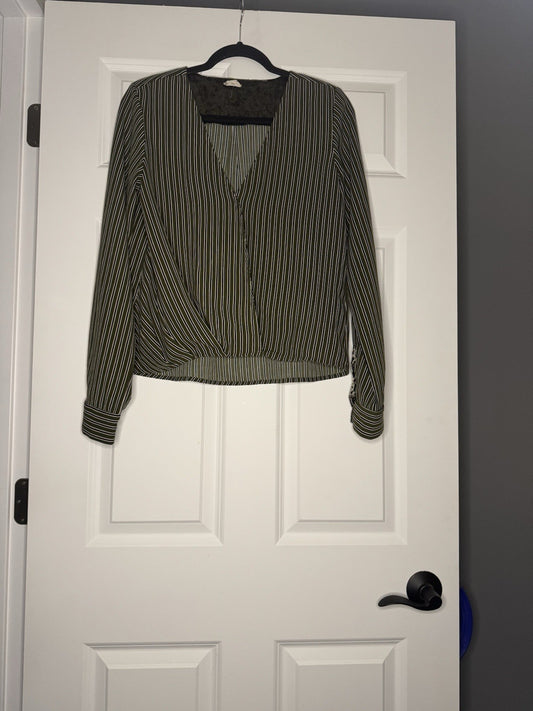 Hem And Thread Long Sleeve Overlap Top Medium Green Cream Navy Stripe 