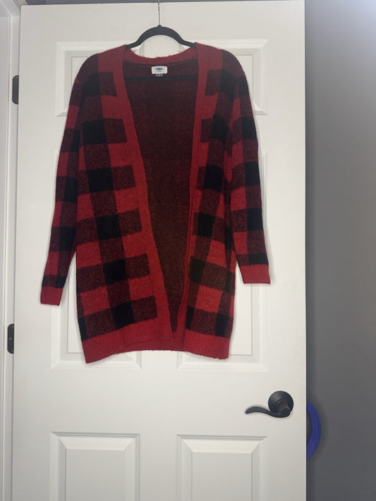 Old Navy Cardigan Small Black Red Checkered 
