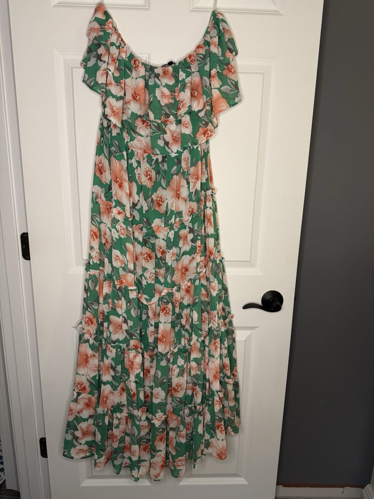 Lulus Strapless Long Dress Xl Green W Peach Gray White Floral 