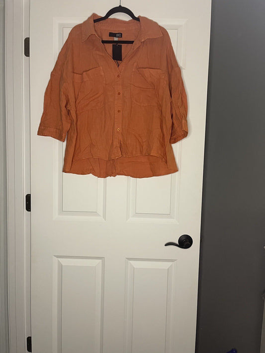 Kut From Kloth 3/4 Sleeve Button Up Blouse Xl Orange Linen Nwt 