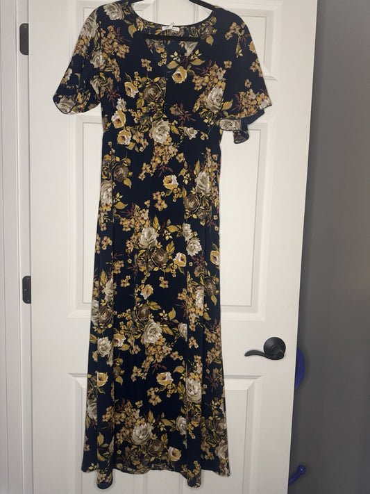 Maurice’s Short Sleeve Dress Navy With Mustard And Multi Floral Small Nwt 49