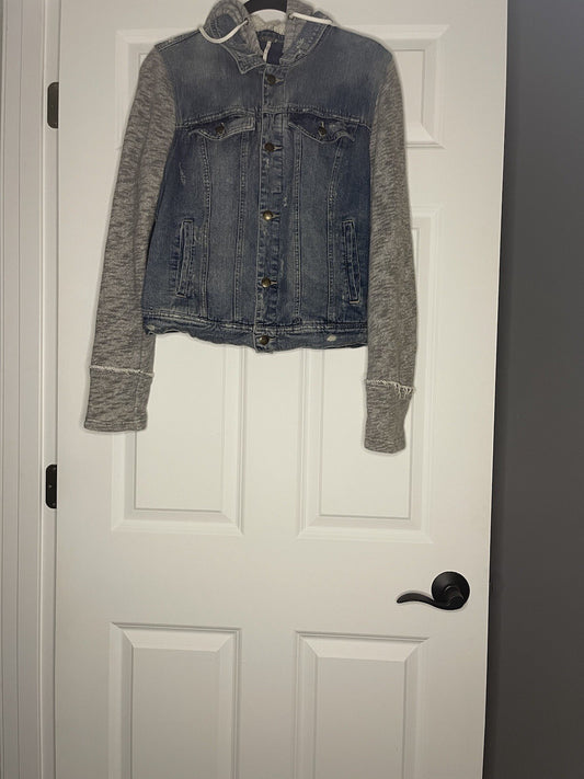 Free People Jean Jacket W Sweatshirt Material Arms Hood Large Blue Gray 