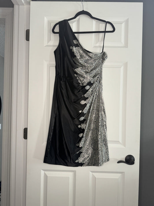 London Times One Shoulder Dress Black W Cream Doiley Print 14 Nwt 