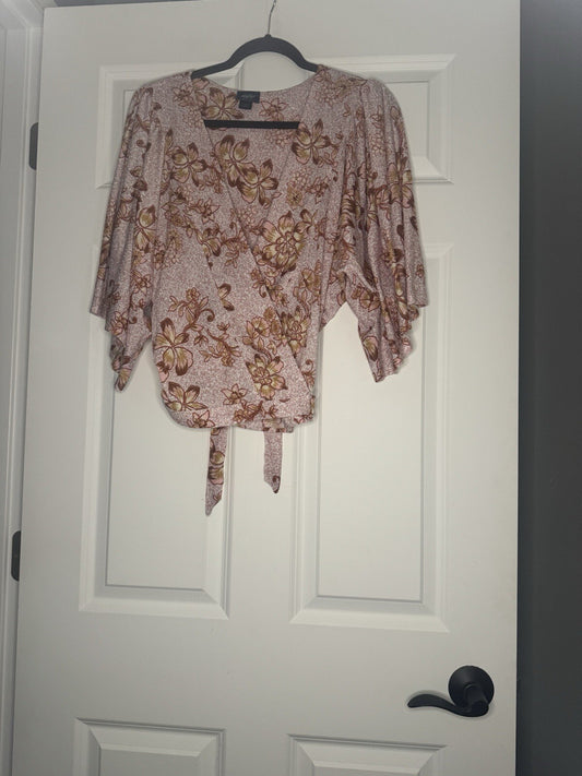 Daytrip Short Sleeve Wrap Blouse Medium Pink Mustard Red Cream Floral