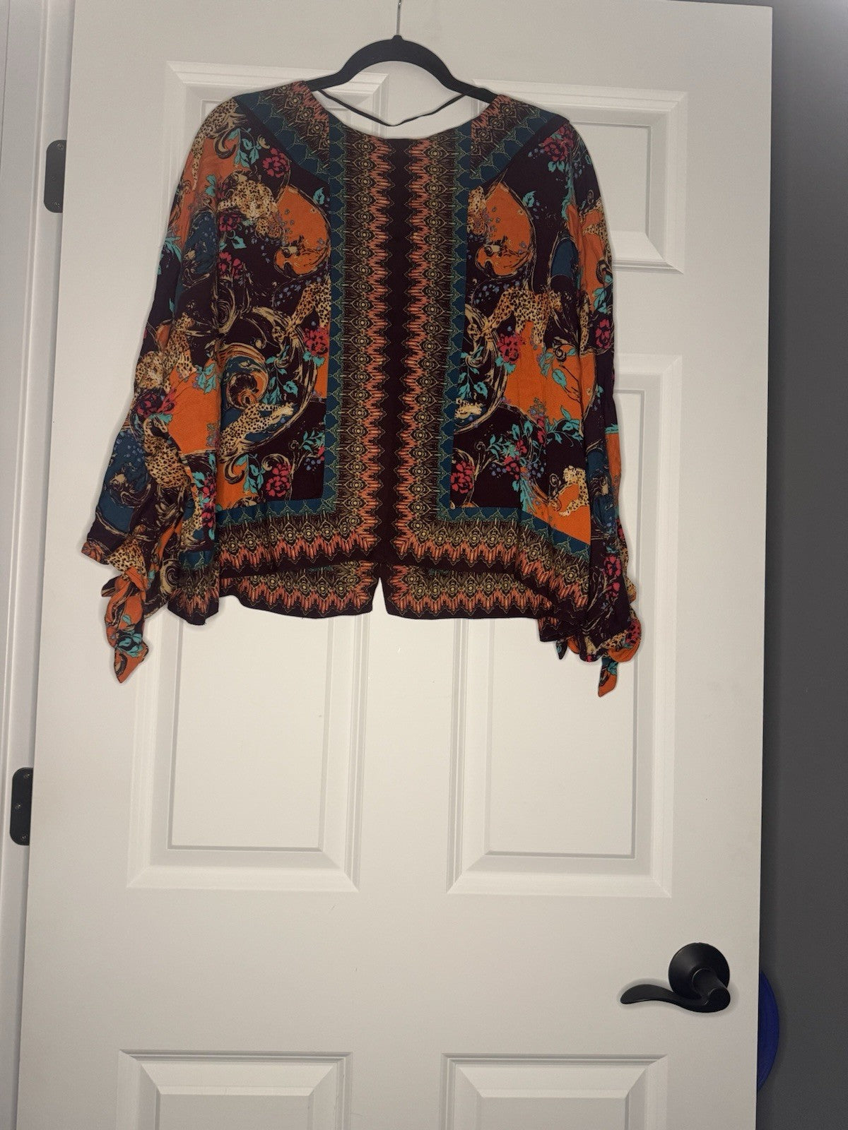 Free People 3/4 Sleeve Button Up Blouse Large Purple Orange Teal Pink Floral Pro