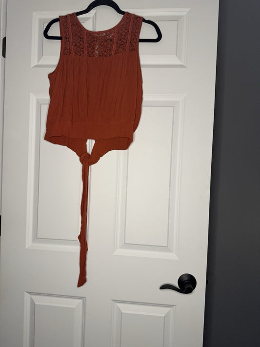 Willow And Clay Sleeveless Blouse Small Tie Back Orange Rust W Lace 