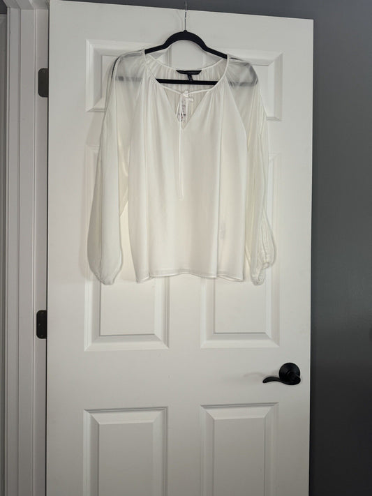 white house black market  Blouse Ivory Cut Out Sleeve Tie Collar 14 Nwt