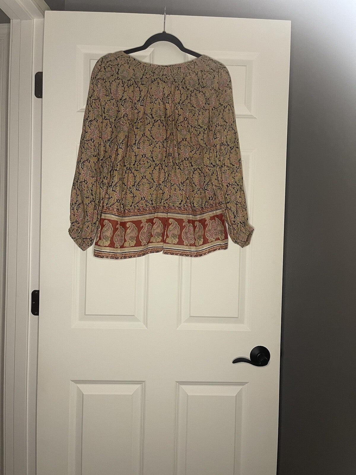 Lucky Brand Long Sleeve Blouse Medium Tan Pink Black Print 