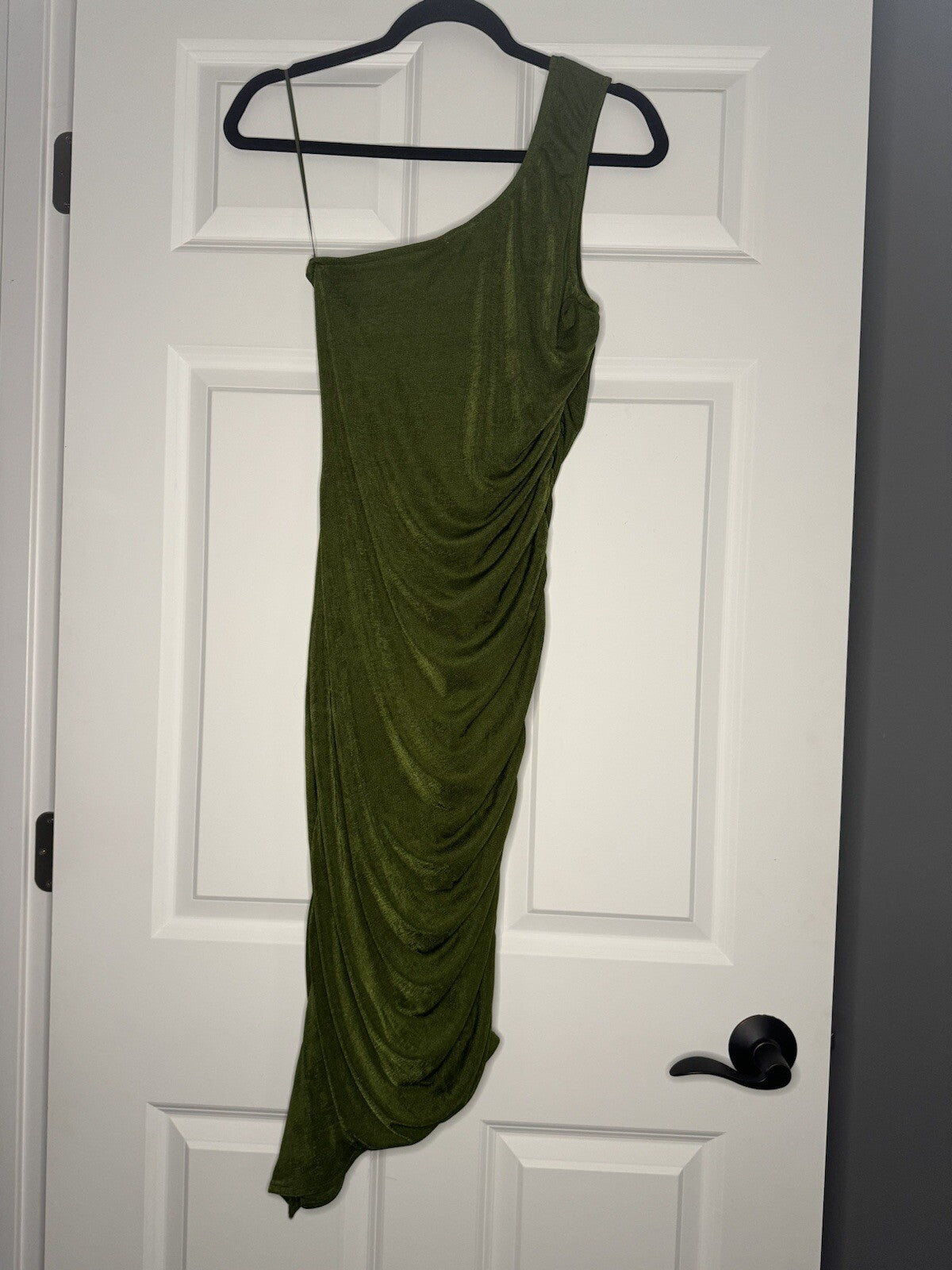 Dee Elly One Shoulder Dress Small Cinched Sides Green Shiny 