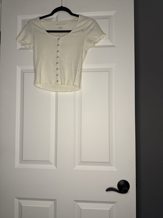 American Eagle Small Button Up Ribbed Crop Blouse Ivory Small Nwt 