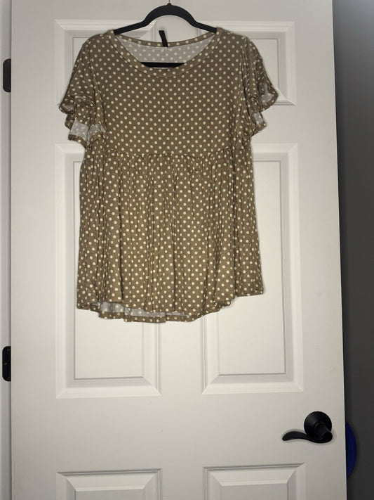 I Clique Short Sleeve Blouse Large Taupe W Cream Polka Dot 