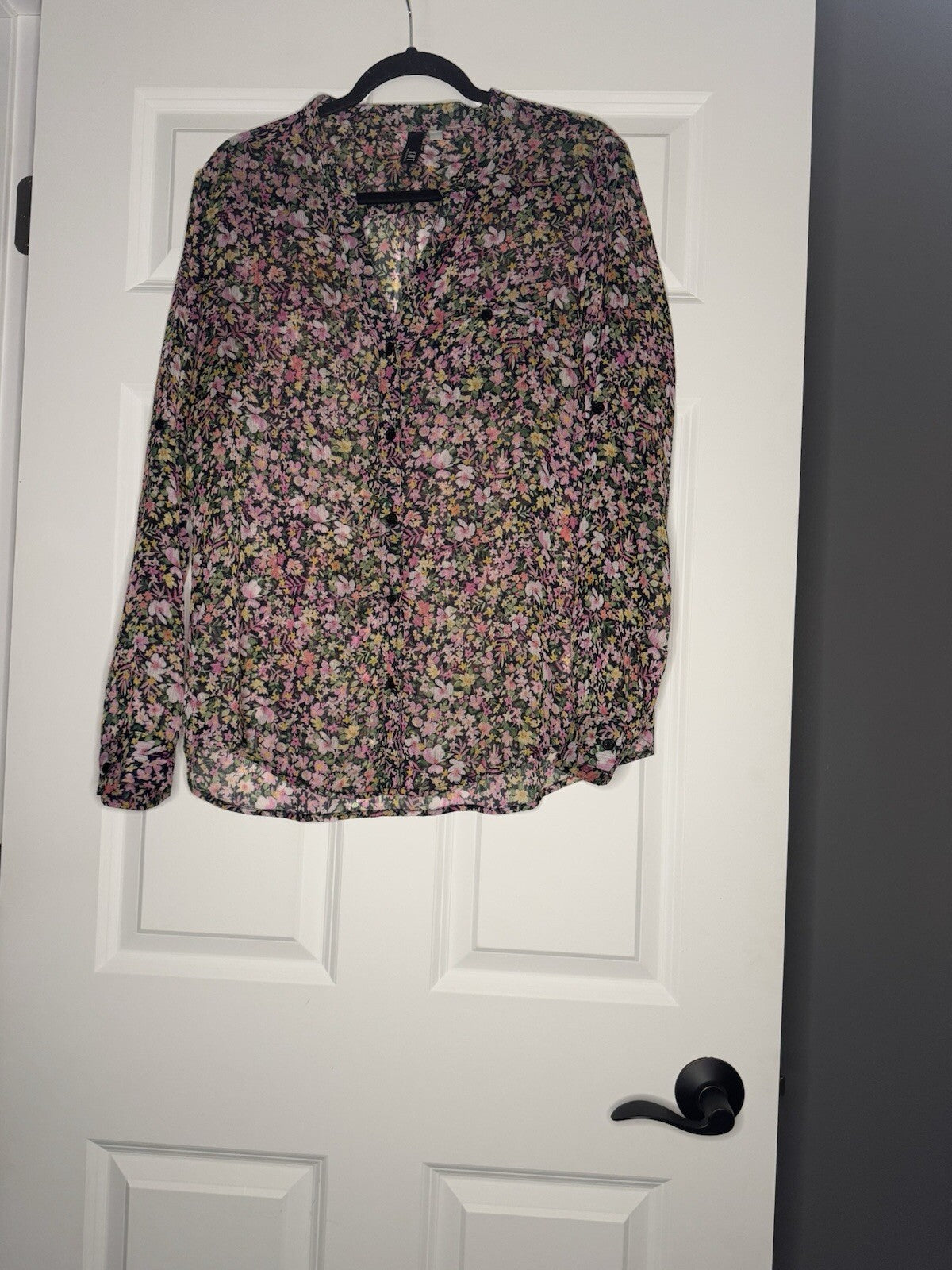 Kut From Kloth Long Sleeve Button Up Blouse Sheer Large Black W Multi Floral