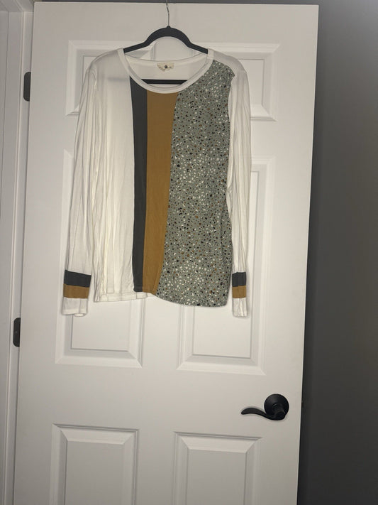 Betseys Boutique Shop Long Sleeve Blouse White Mustard Gray Green Multi Print 