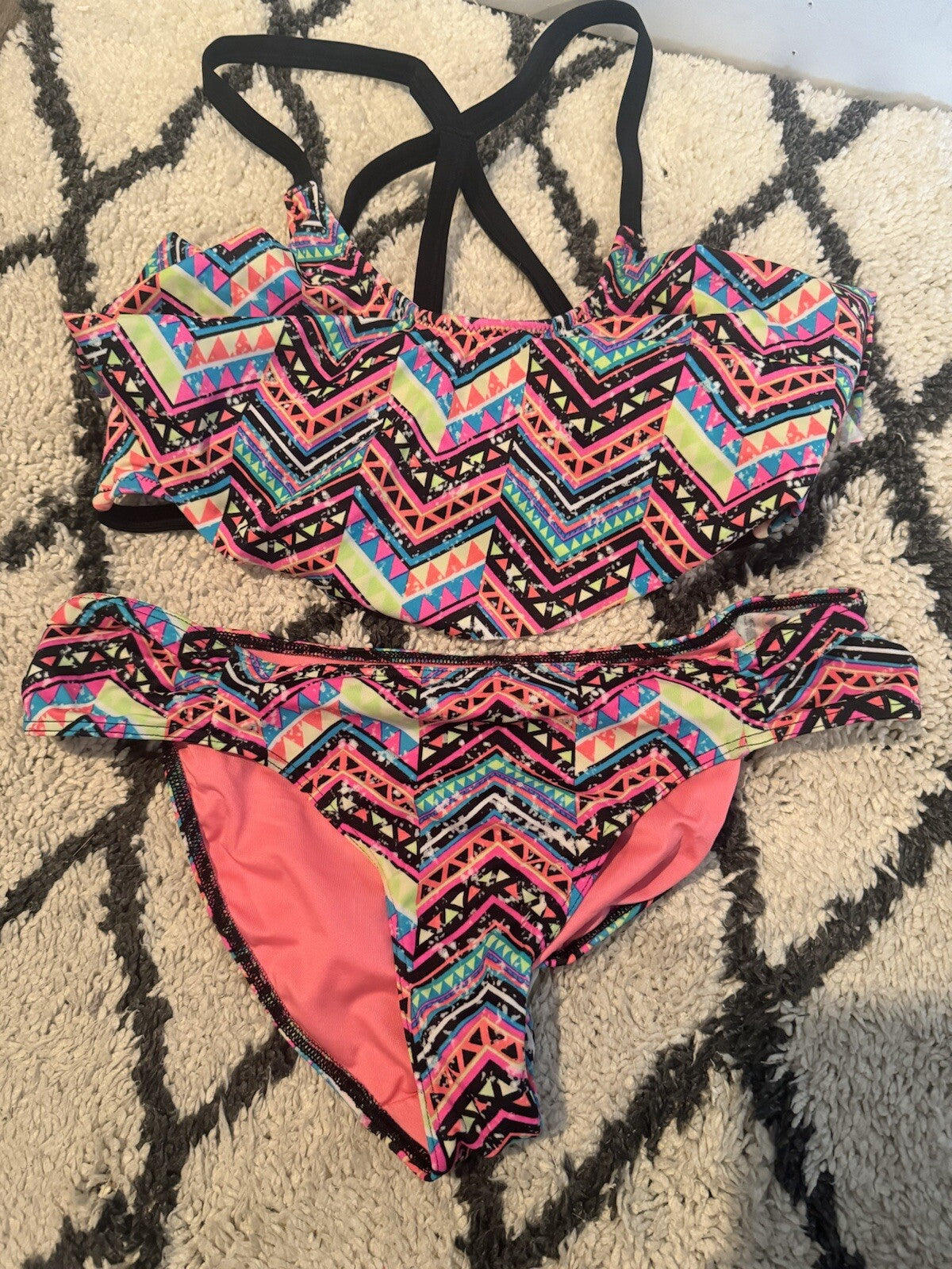 Pink By Victorias Secret 2 Piece Bikini Small Black W Neon Multi Color Print 