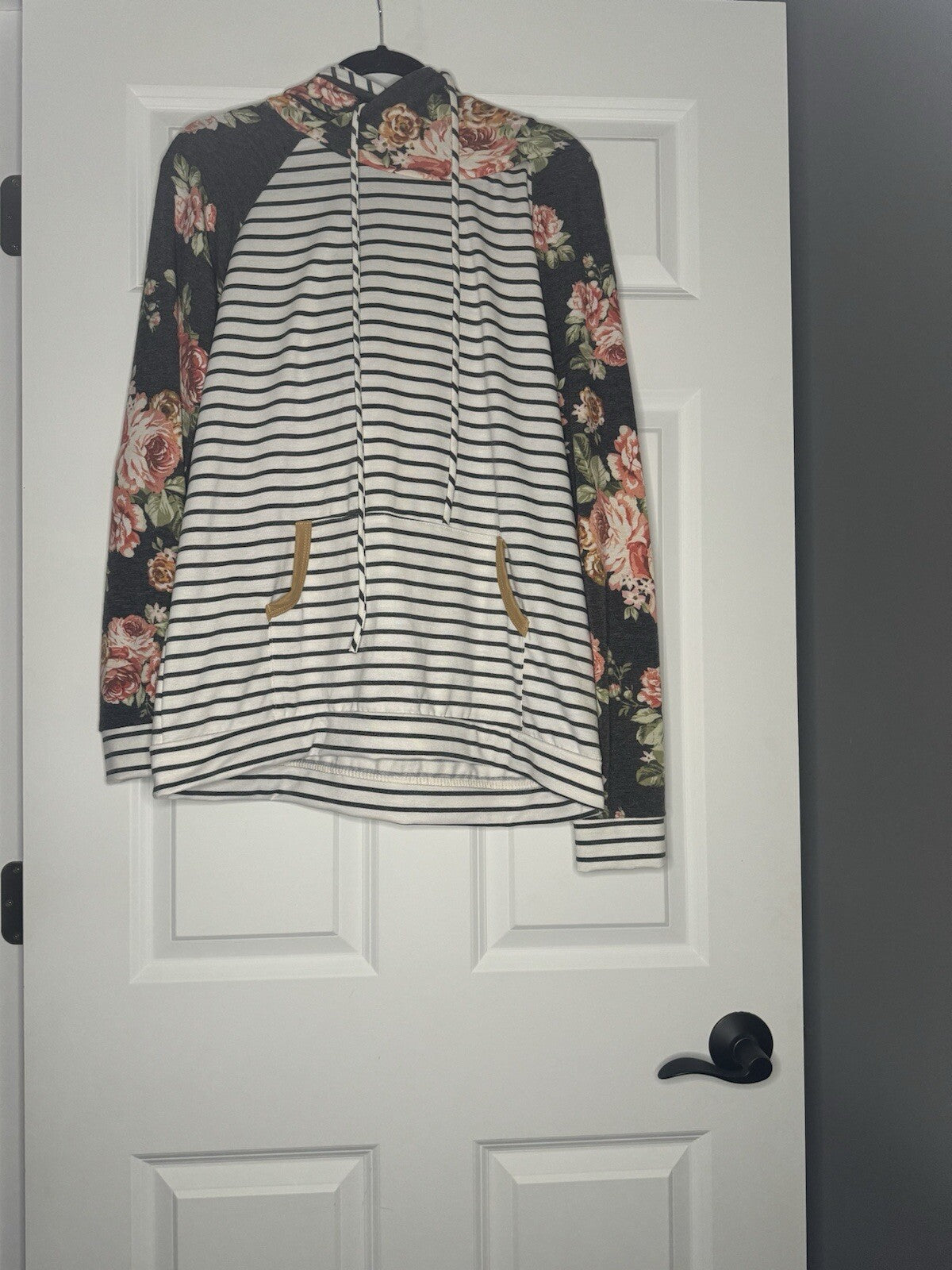 7th Ray Long Sleeve Hooded Top Xl Blue White Stripe Mustard Multi Floral Sl Nwt 