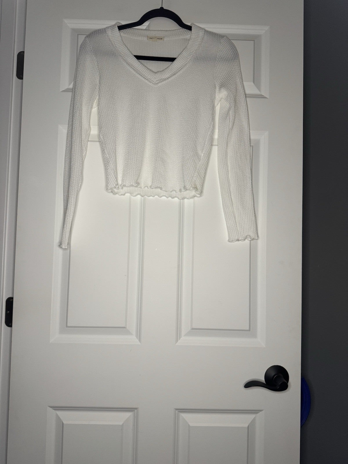 Moa Moa Long Sleeve Waffle Knit Blouse Ruffle Trim Small White