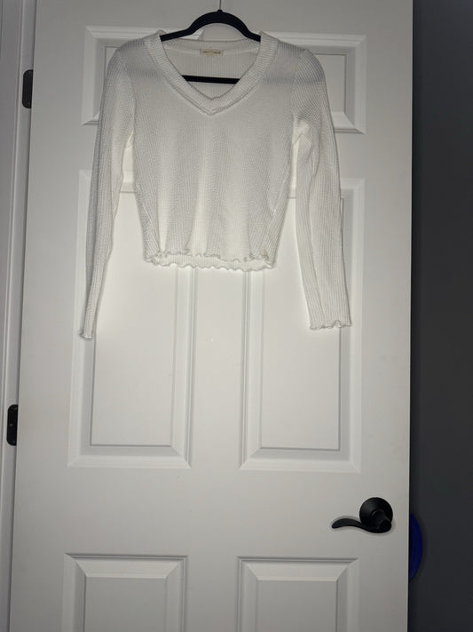 Moa Moa Long Sleeve Waffle Knit Blouse Ruffle Trim Small White