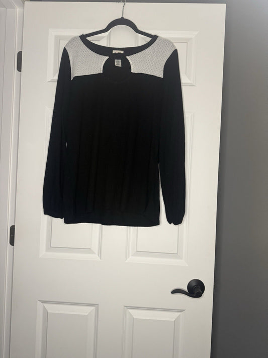 Bibi Long Sleeve Blouse Waffle Knit Black White Cut Out Chest Xl 