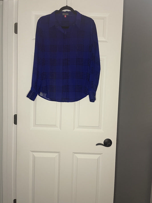 Vince Camuto Button Up Blouse Medium Blue Black Striped