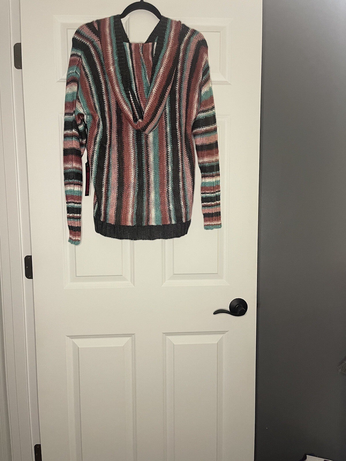 Rock And Roll Sweater With Hood Large Gray Teal Mauve White Stripe Nwt 