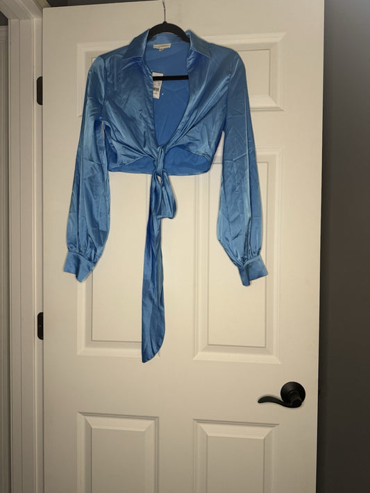 La Hearts Long Sleeve Crop Wrap Blouse Small Blue Nwt 