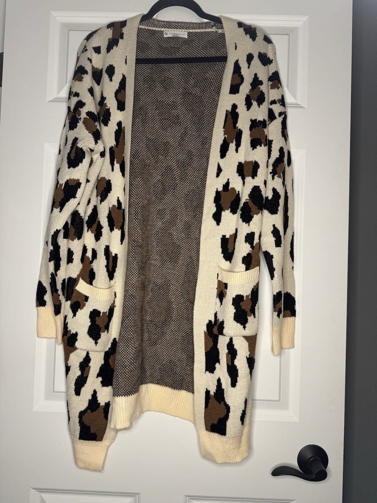 Fsl Apparel Cardigan Large Beige Brown Black Animal Print 